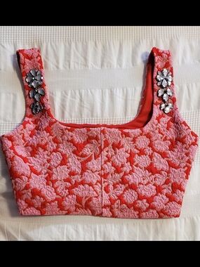 Zara Coral and Pink Floral Embroidered Crop Camisole with Jeweled Straps